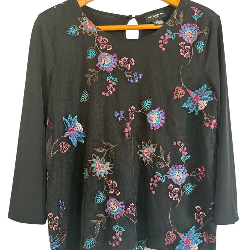 Black Long-Sleeve Floral Embroidered Tunic